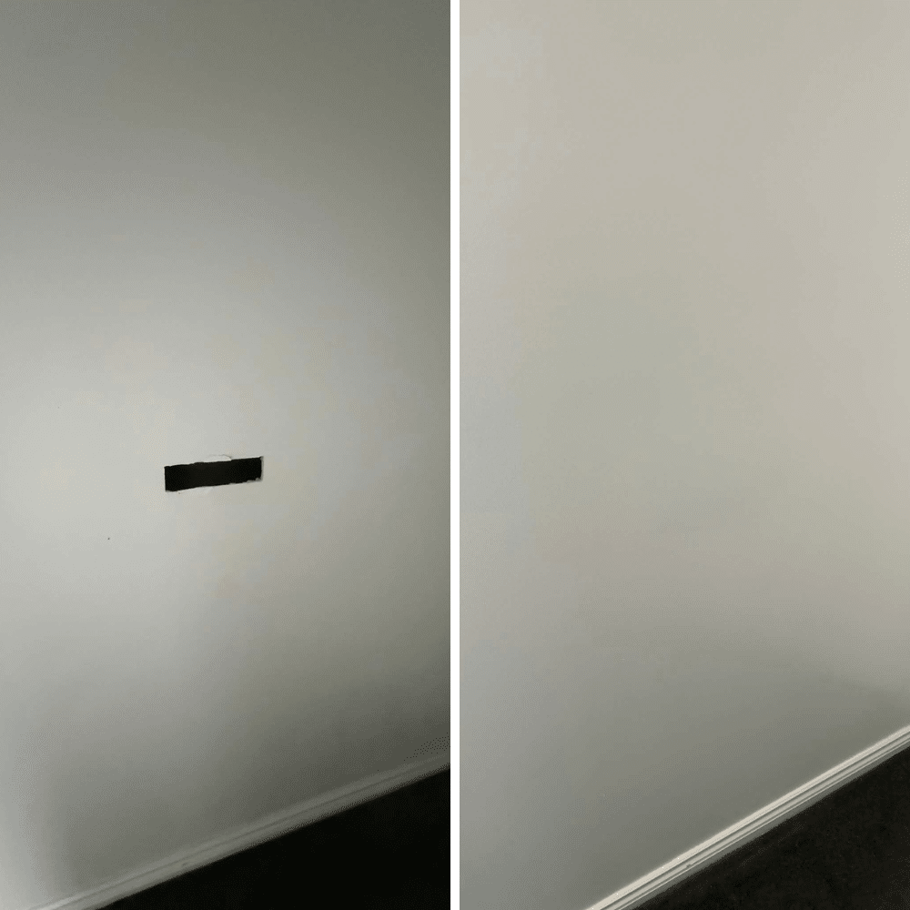 Side-by-side images of a white wall: the left side shows a rectangular hole; the right side shows the hole patched and painted to match the rest of the wall.