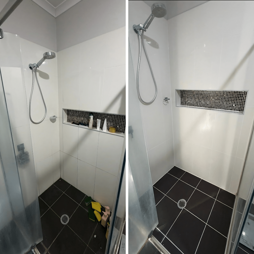 Side-by-side photos of a shower: the left shows toiletries and cleaning products in a shelf; the right shows the same shower, clean and empty, with only the wall shelf and showerhead visible.