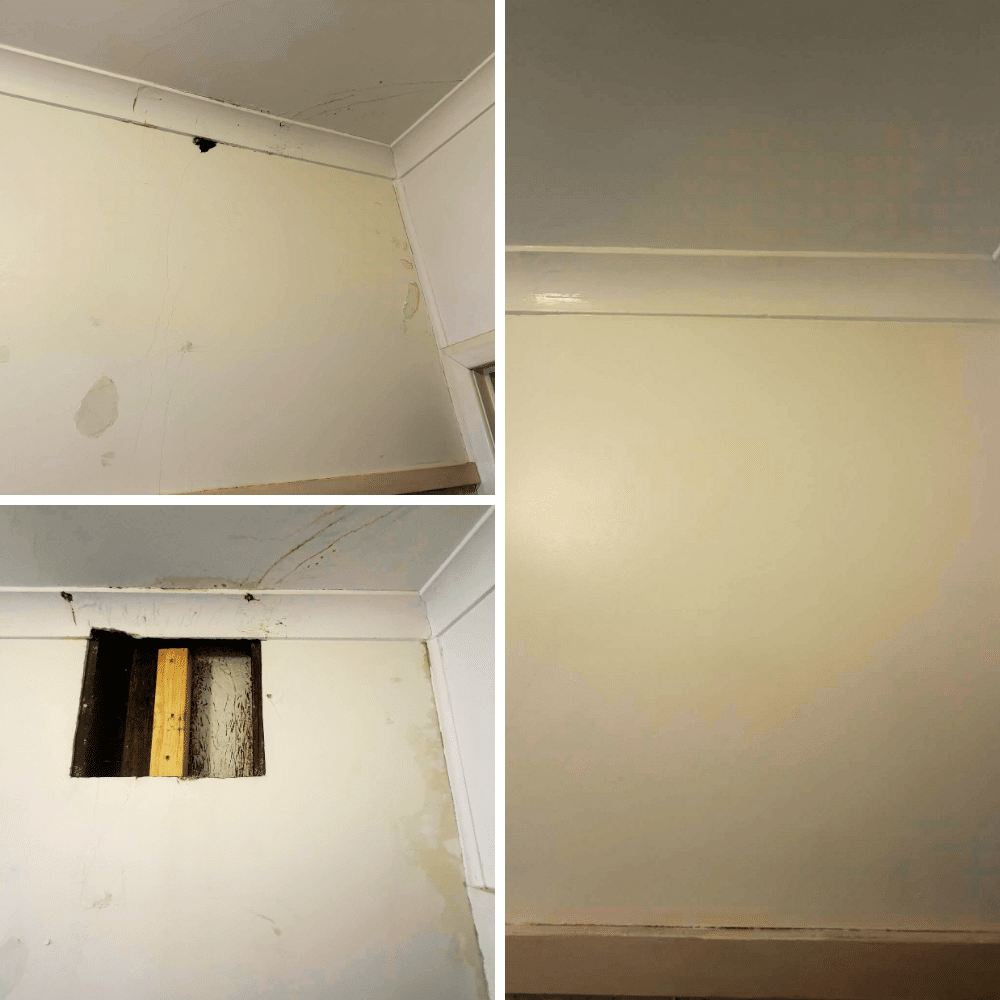 Three images showing a wall repair process: first, a wall with water stains, cracks, and a hole near the ceiling; second, the hole enlarged to reveal wood inside; third, the wall fully patched and freshly painted.