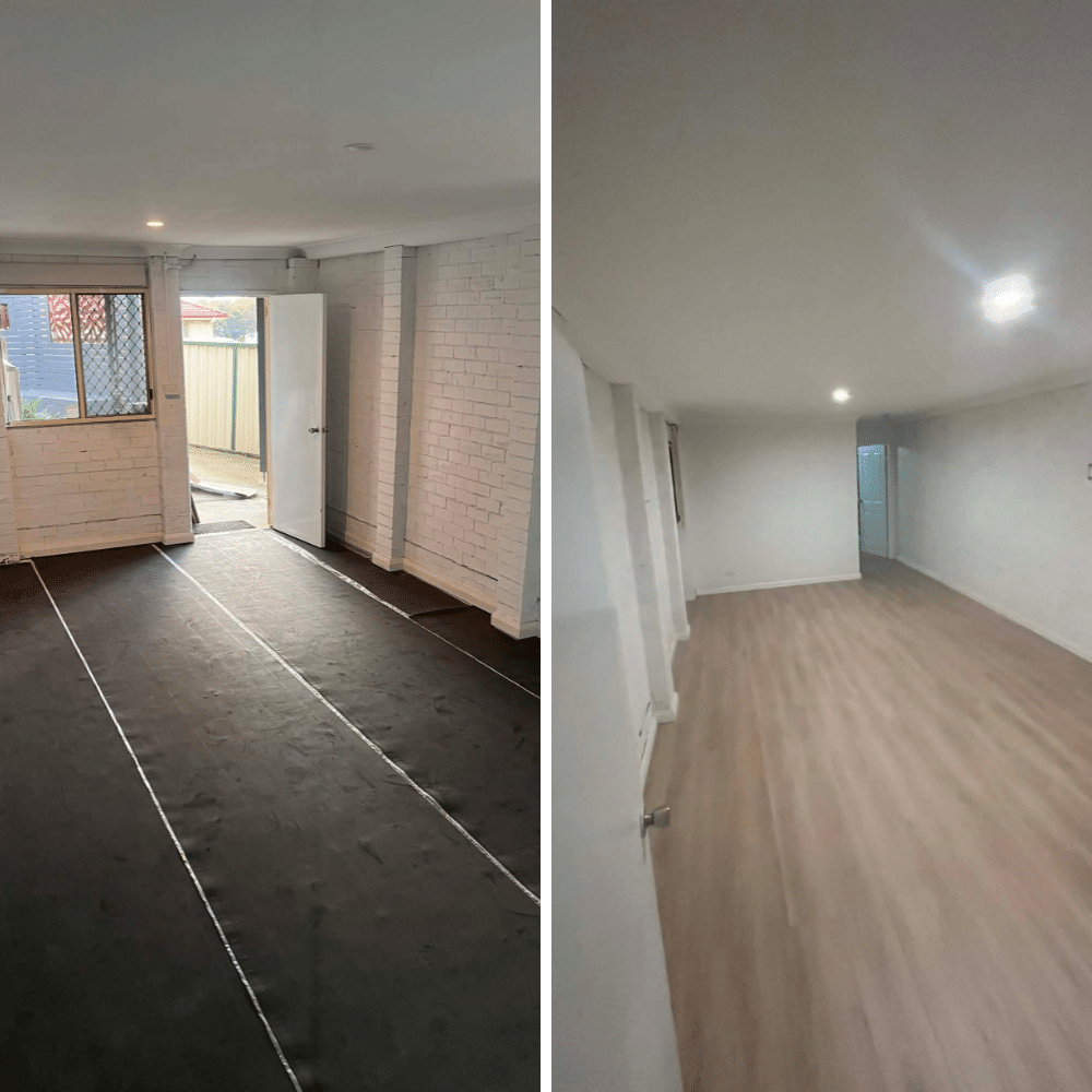 Side-by-side comparison of a room before and after renovation; left shows a room with dark, bare flooring and white brick walls, right shows the same room with new light wood flooring and freshly painted white walls.