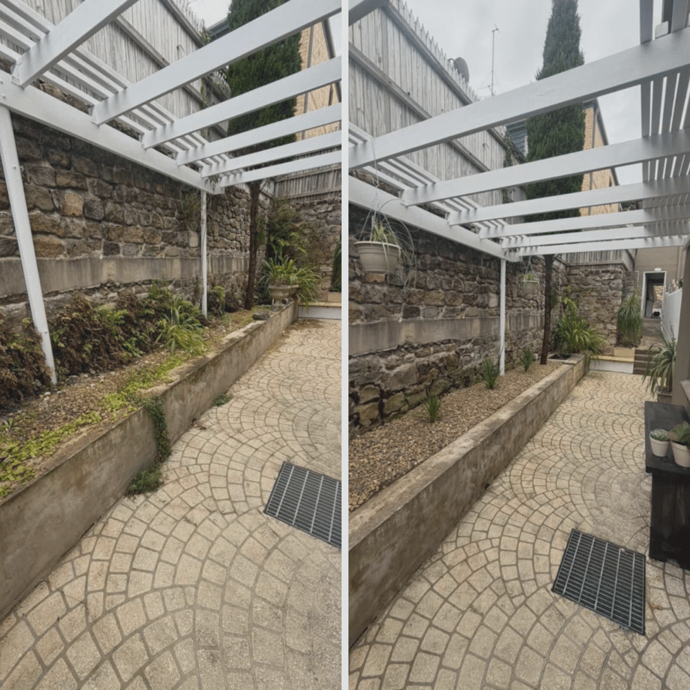 Side-by-side photos of a patio with a white pergola. The left shows overgrown plants and weeds; the right shows the same area cleaned, with gravel replacing weeds and tidier plants, creating a neat outdoor space.