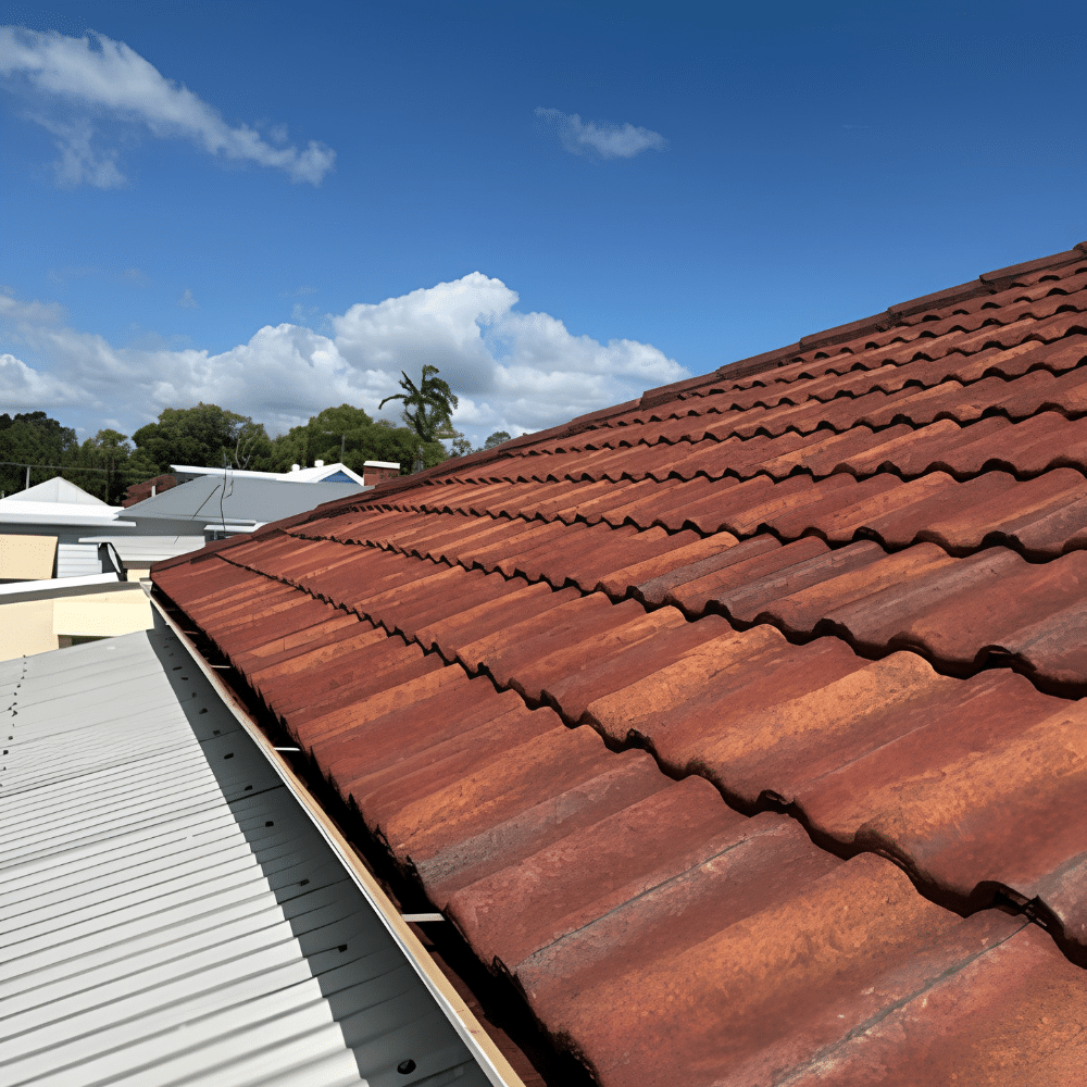 A close-up view of a red tiled roof next to a corrugated metal roof, with houses, trees, and a partly cloudy blue sky in the background.
