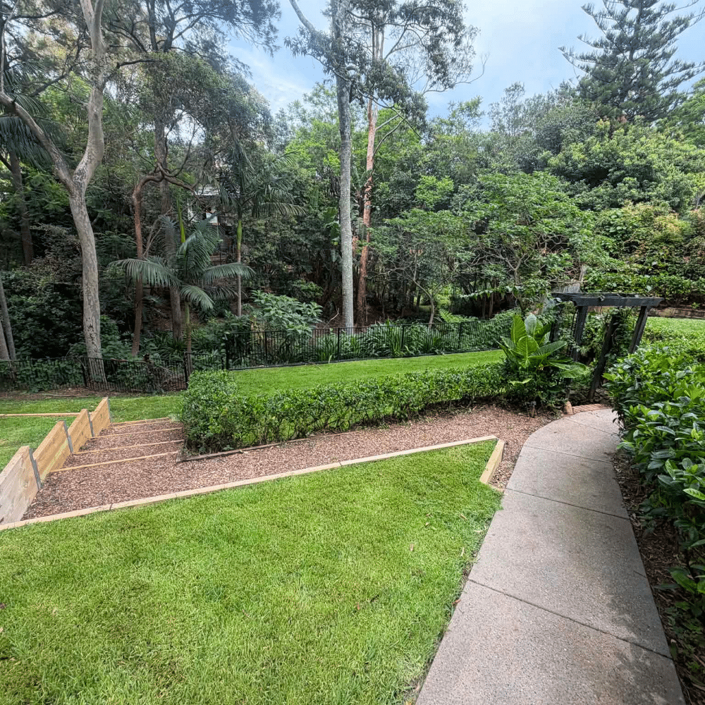 A winding concrete path and a set of wooden steps lead through a lush, green garden with trimmed hedges, tall trees, and dense forest in the background.