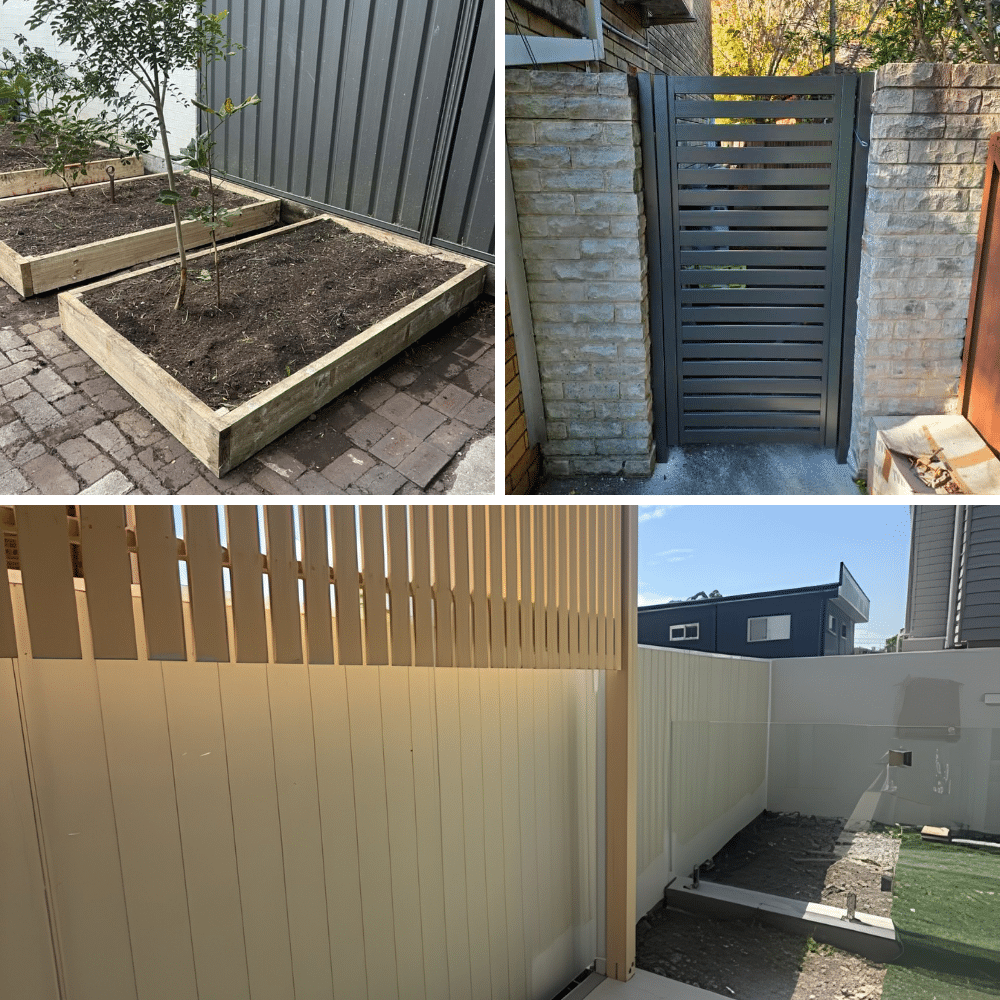 A collage of three images: top left shows two raised garden beds with soil; top right shows a modern, dark gray slatted gate; bottom shows a cream-colored slatted privacy fence beside a yard with dirt and stones.