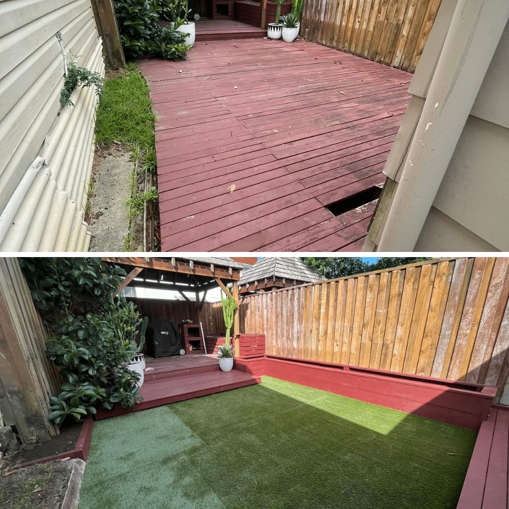 Two photos show a backyard transformation: the first has a damaged red wooden deck; the second shows the space renovated with artificial grass, clean borders, and potted plants, creating a tidy, inviting area.