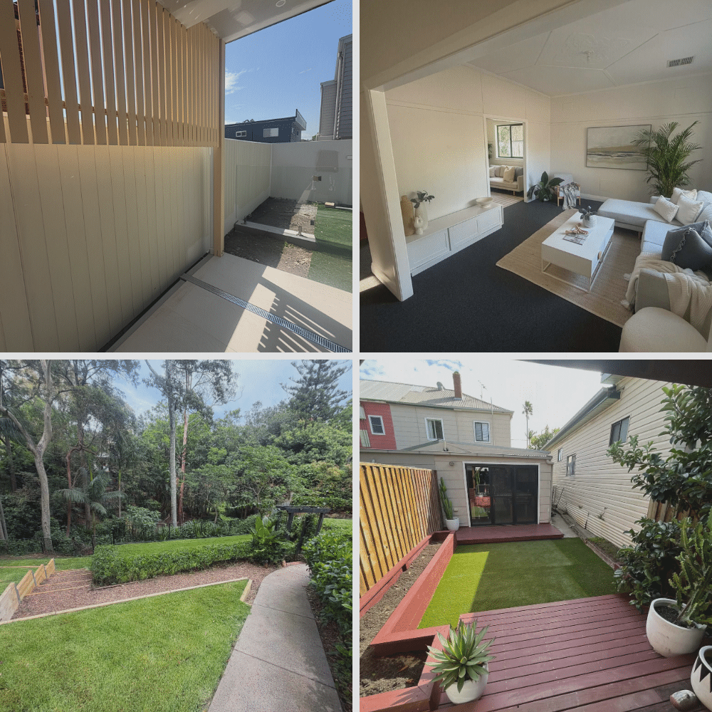 A collage of four images showing a modern backyard, a bright living room, a garden with trees and a path, and a small landscaped yard with a wooden deck and potted plants.