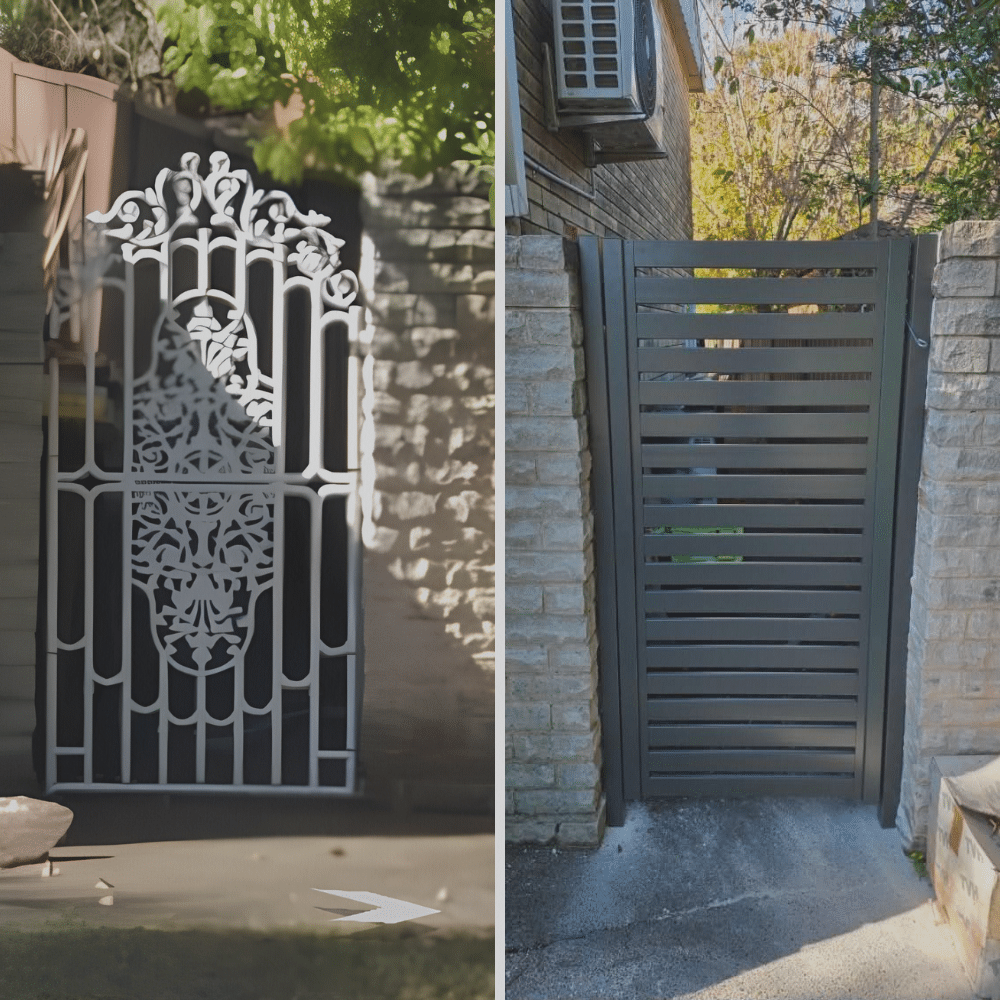 Side-by-side comparison of two gates: the left gate is ornate, white, and decorative with intricate patterns, while the right gate is modern, dark-colored, and features horizontal slats between brick walls.